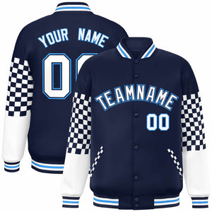 Custom Navy White-Powder Blue Checkered Pattern Color Block Bomber Varsity Jacket