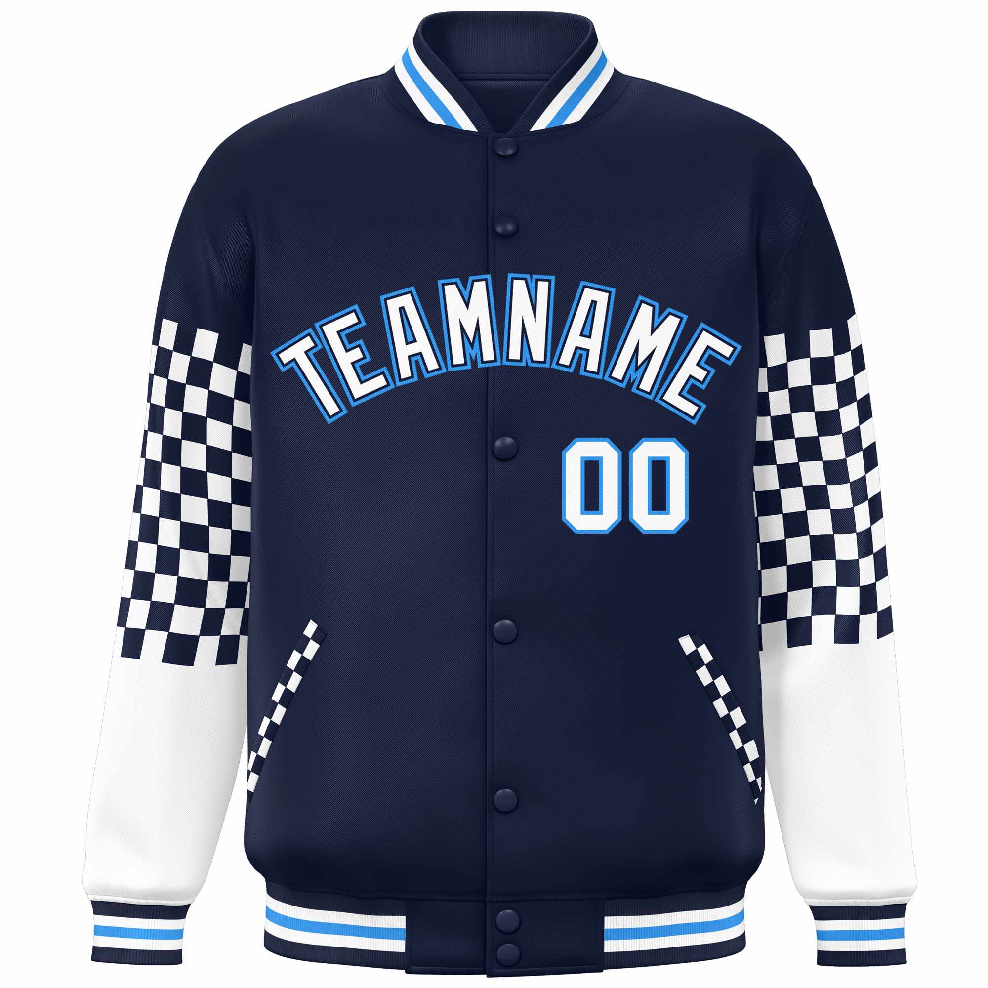 Custom Navy White-Powder Blue Checkered Pattern Color Block Bomber Varsity Jacket