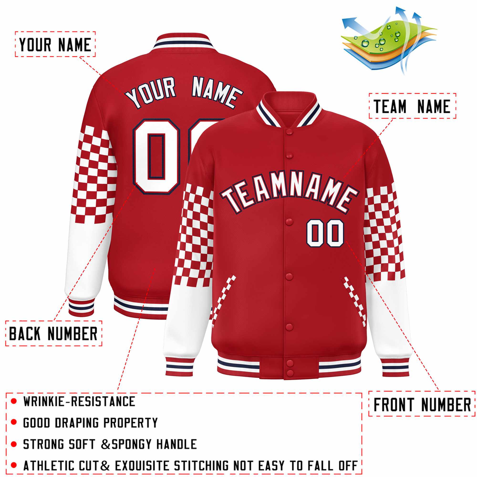 Custom Red White-Navy Checkered Pattern Color Block Bomber Varsity Jacket