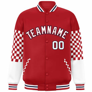 Custom Red White-Navy Checkered Pattern Color Block Bomber Varsity Jacket