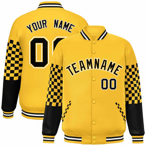 Custom Gold Black-White Checkered Pattern Color Block Bomber Varsity Jacket