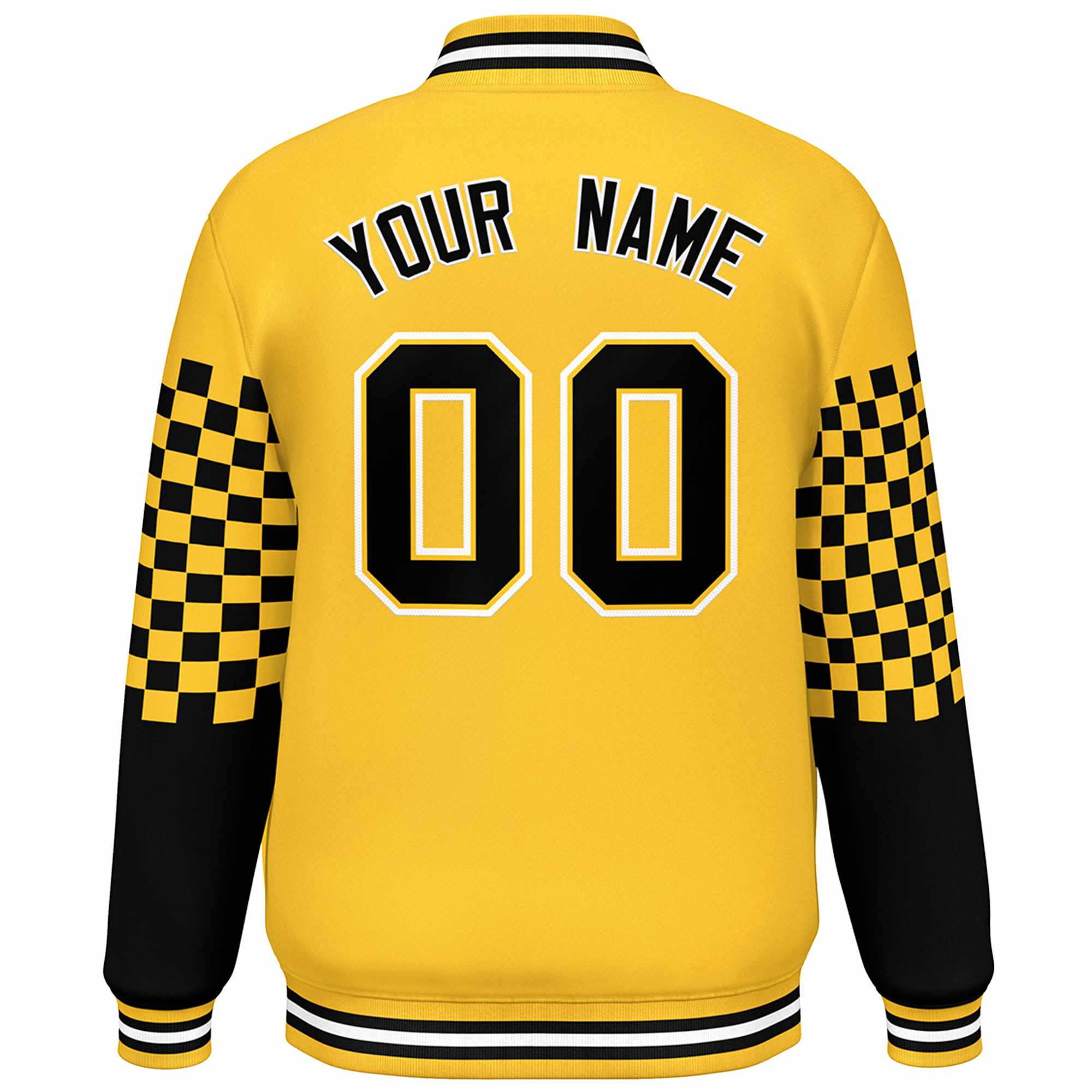 Custom Gold Black-White Checkered Pattern Color Block Bomber Varsity Jacket