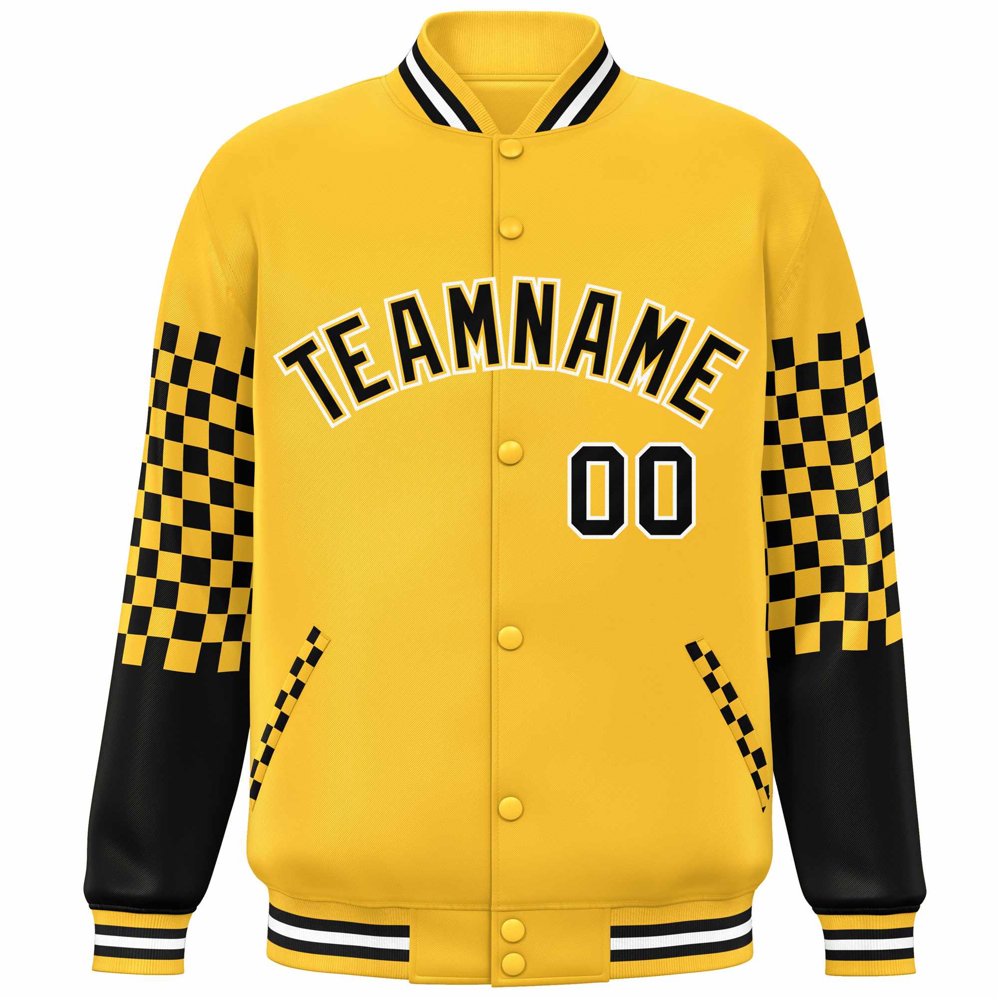 Custom Gold Black-White Checkered Pattern Color Block Bomber Varsity Jacket