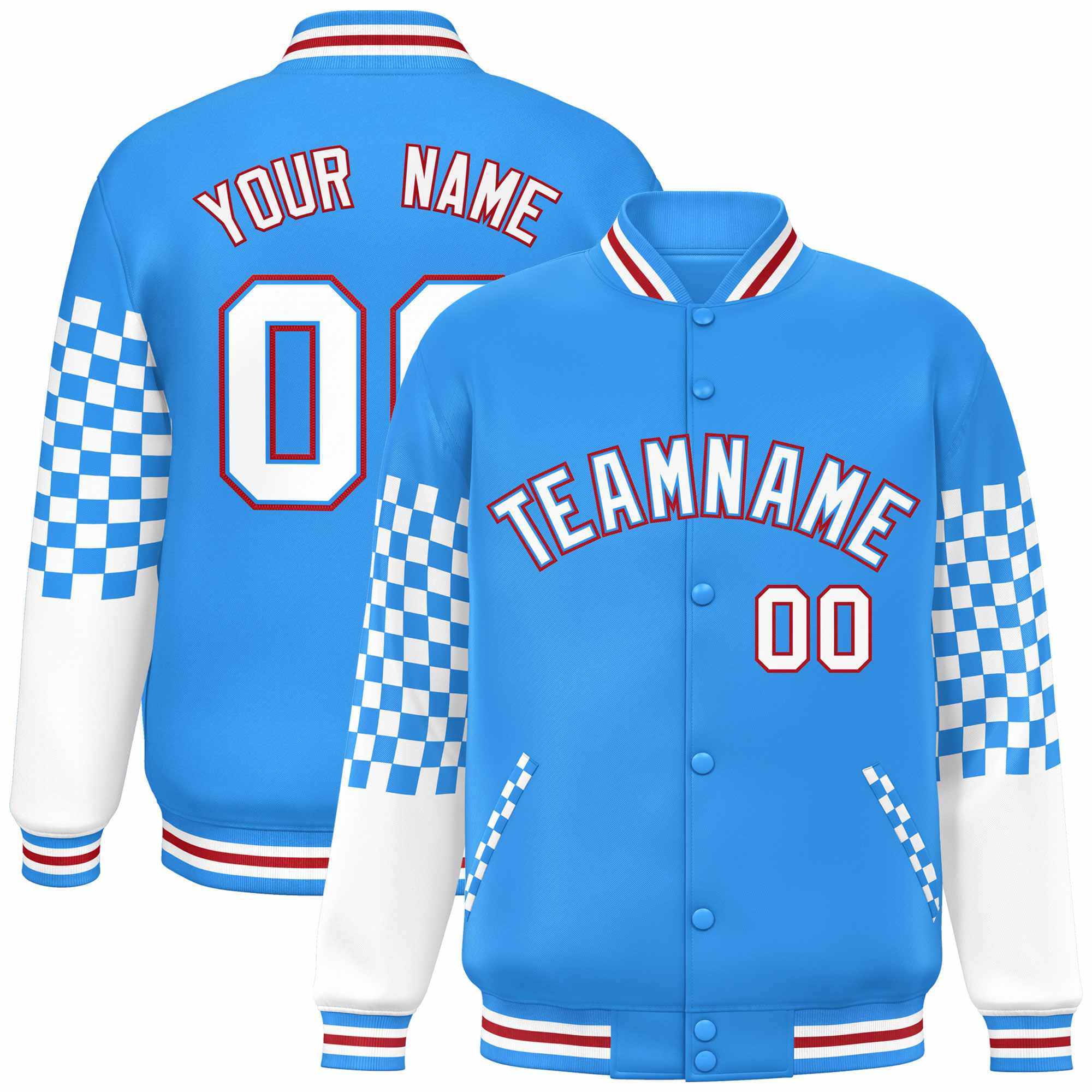 Custom Powder Blue White-Red Checkered Pattern Color Block Bomber Varsity Jacket