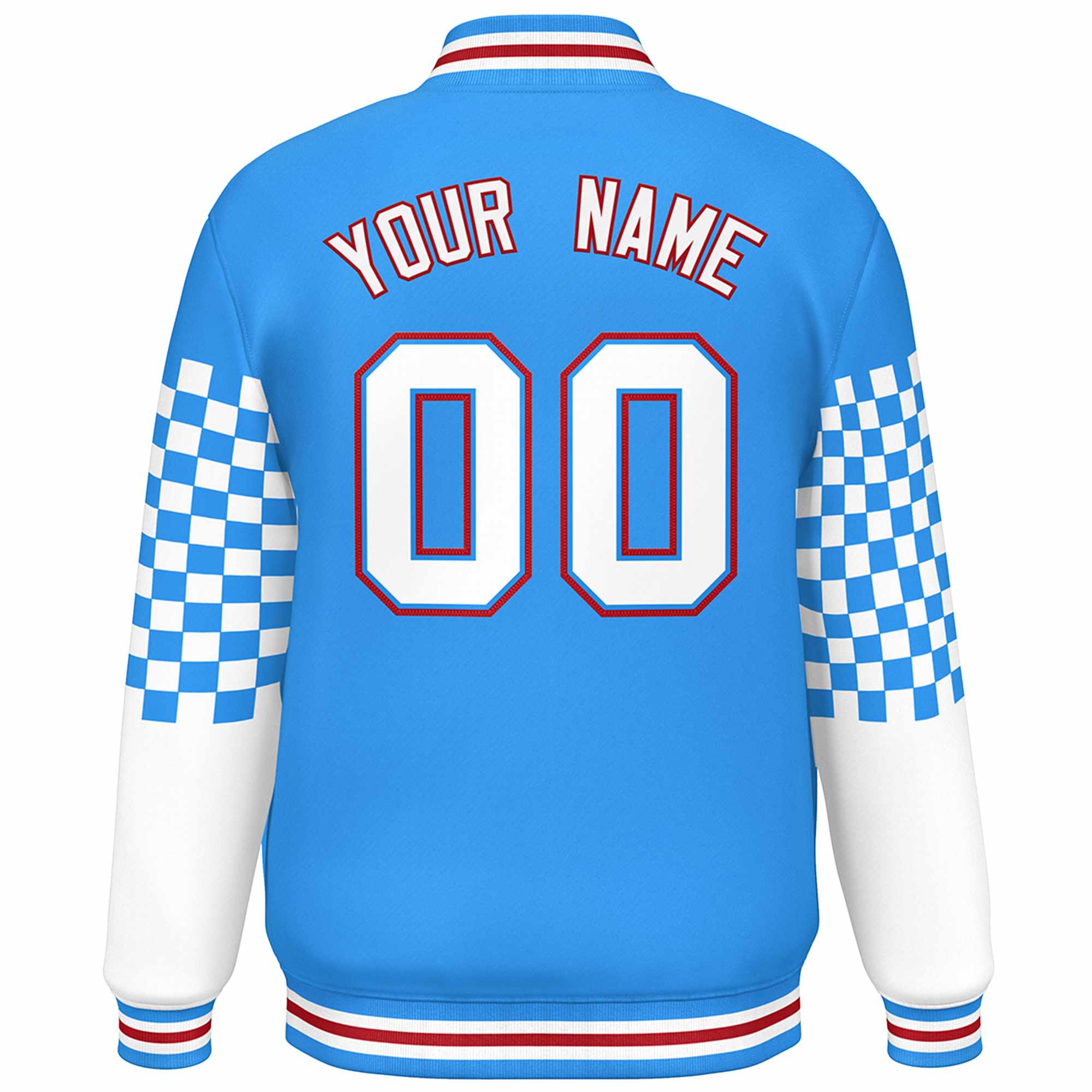 Custom Powder Blue White-Red Checkered Pattern Color Block Bomber Varsity Jacket