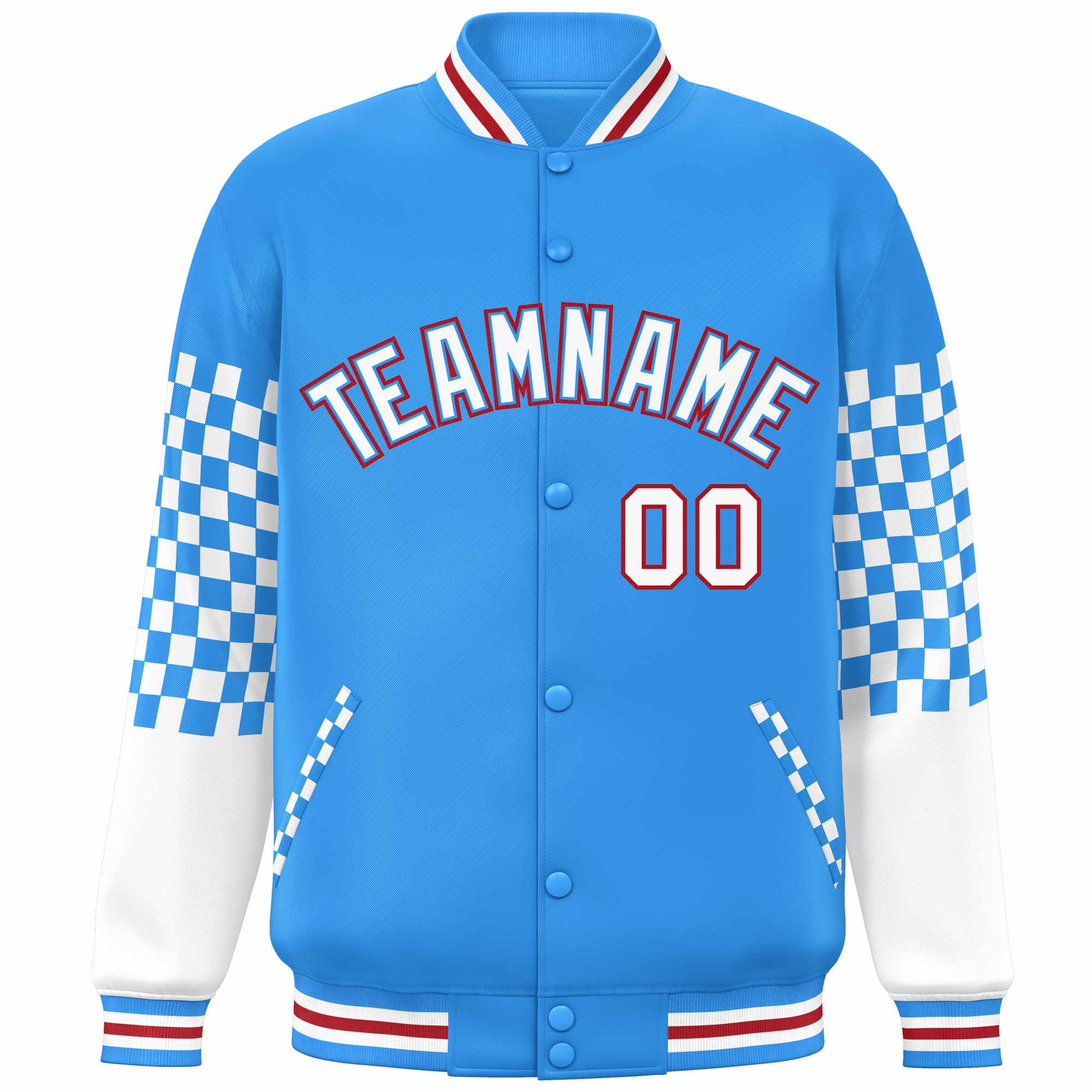 Custom Powder Blue White-Red Checkered Pattern Color Block Bomber Varsity Jacket