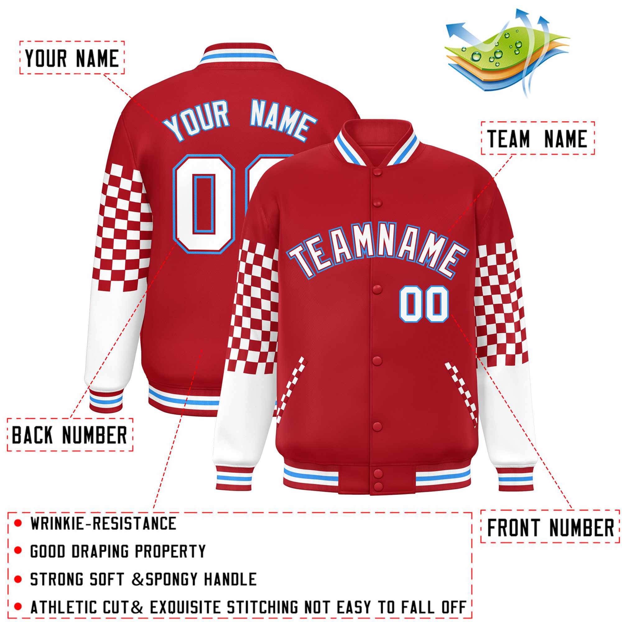 Custom Red White-Powder Blue Checkered Pattern Color Block Bomber Varsity Jacket