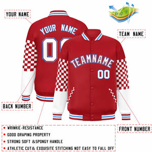 Custom Red White-Powder Blue Checkered Pattern Color Block Bomber Varsity Jacket