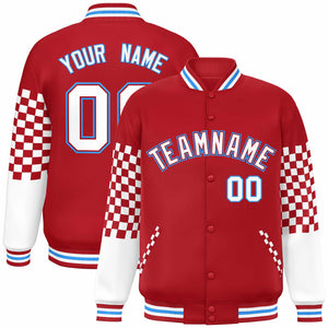 Custom Red White-Powder Blue Checkered Pattern Color Block Bomber Varsity Jacket