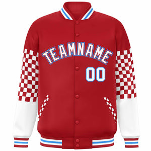 Custom Red White-Powder Blue Checkered Pattern Color Block Bomber Varsity Jacket