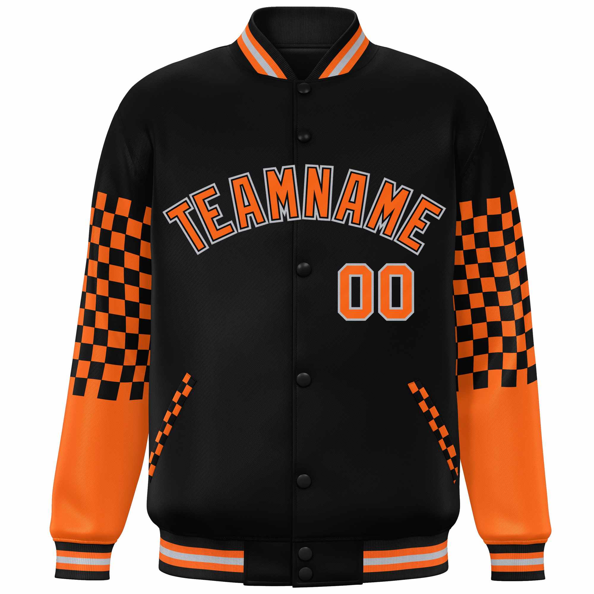 Custom Black Orange-Gray Checkered Pattern Color Block Bomber Varsity Jacket