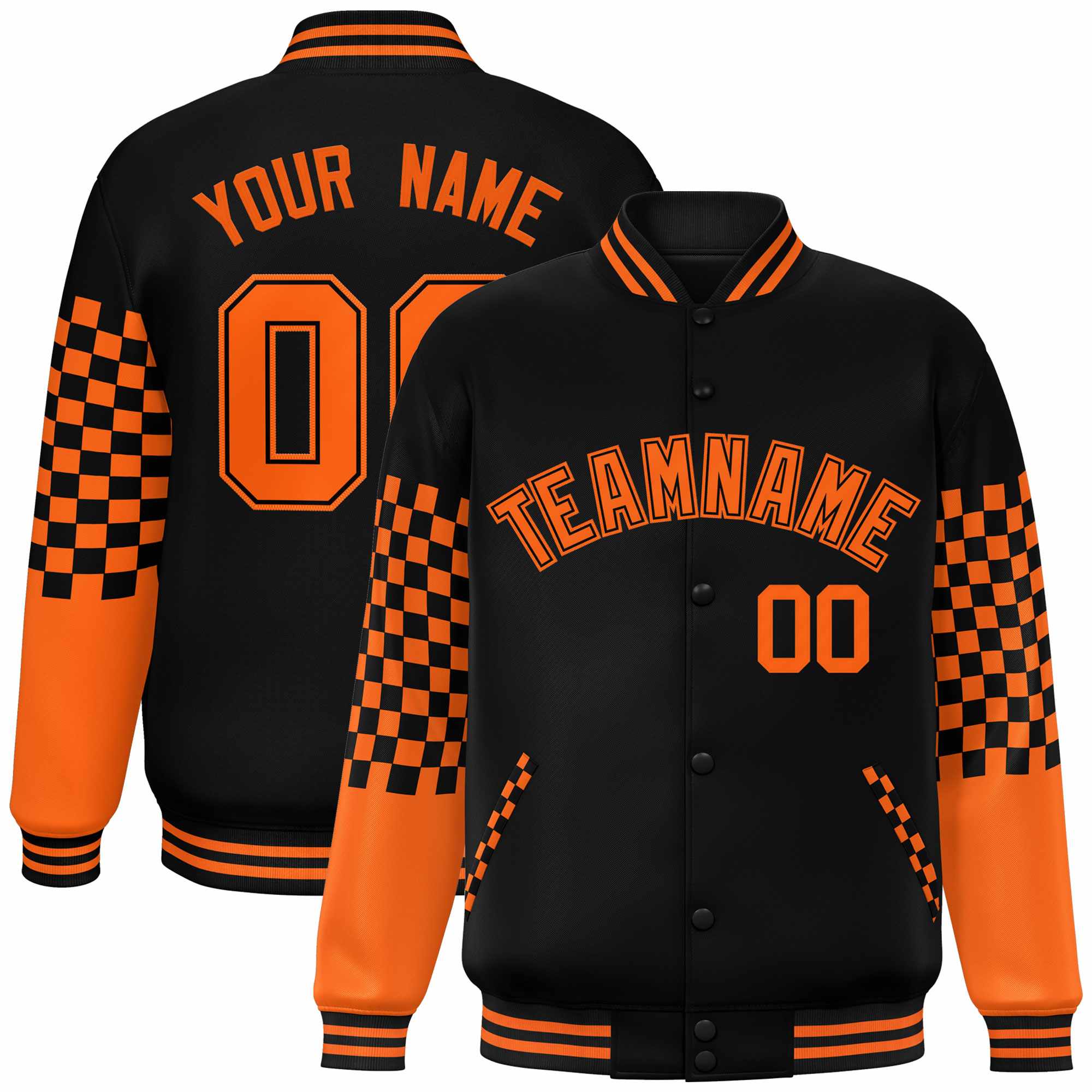 Custom Black Orange Checkered Pattern Color Block Bomber Varsity Jacket