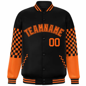 Custom Black Orange Checkered Pattern Color Block Bomber Varsity Jacket