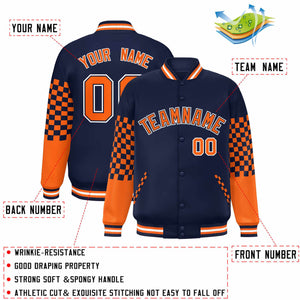 Custom Navy Orange-White Checkered Pattern Color Block Bomber Varsity Jacket