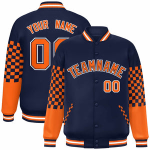 Custom Navy Orange-White Checkered Pattern Color Block Bomber Varsity Jacket