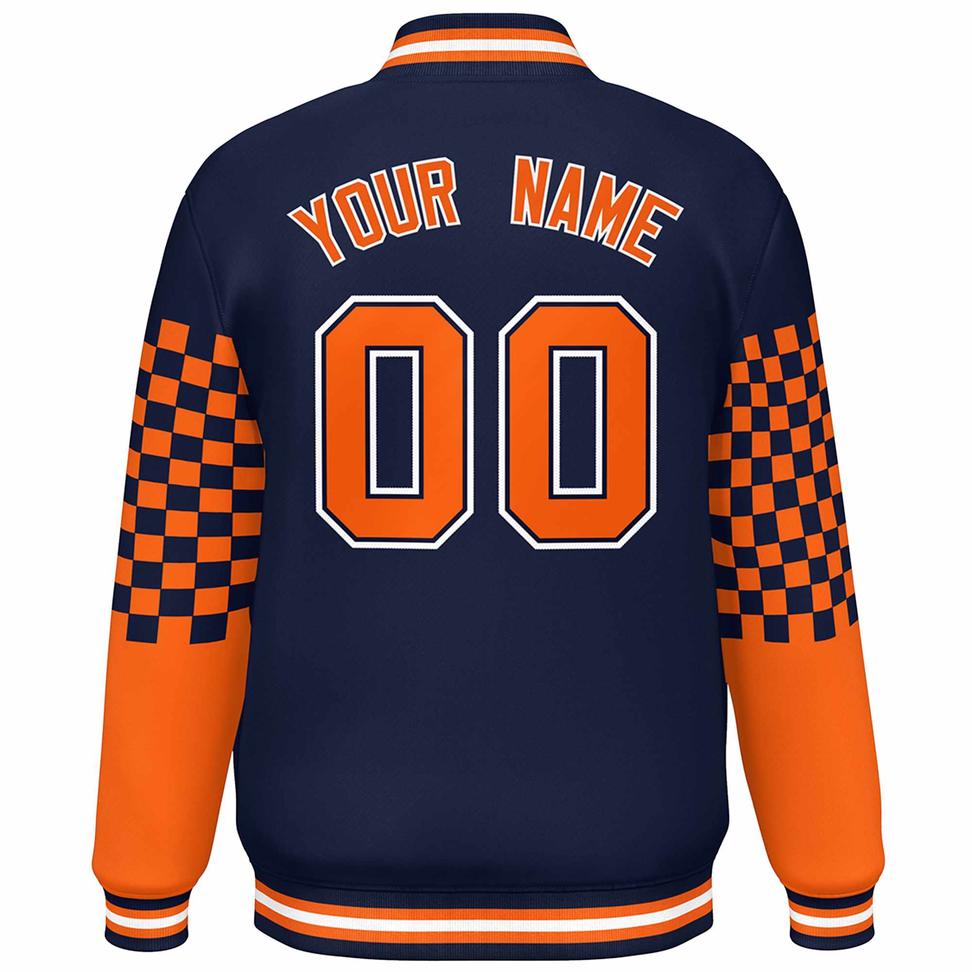 Custom Navy Orange-White Checkered Pattern Color Block Bomber Varsity Jacket