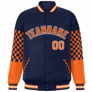 Custom Navy Orange-White Checkered Pattern Color Block Bomber Varsity Jacket