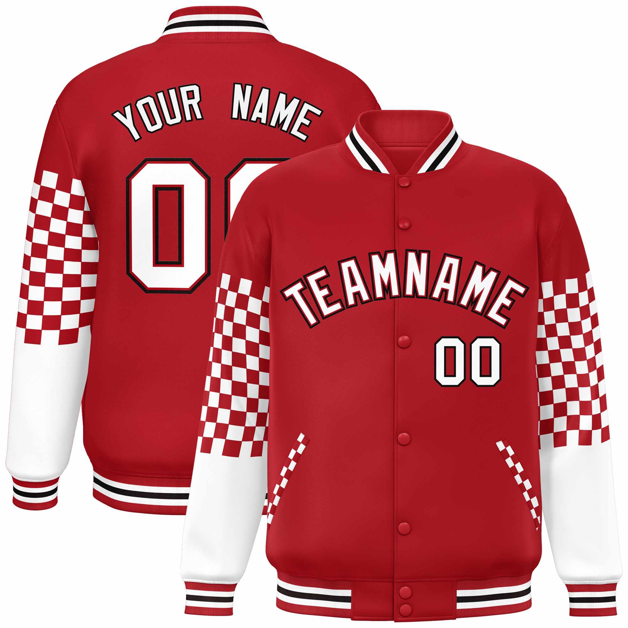 Custom Red White-Black Checkered Pattern Color Block Bomber Varsity Jacket