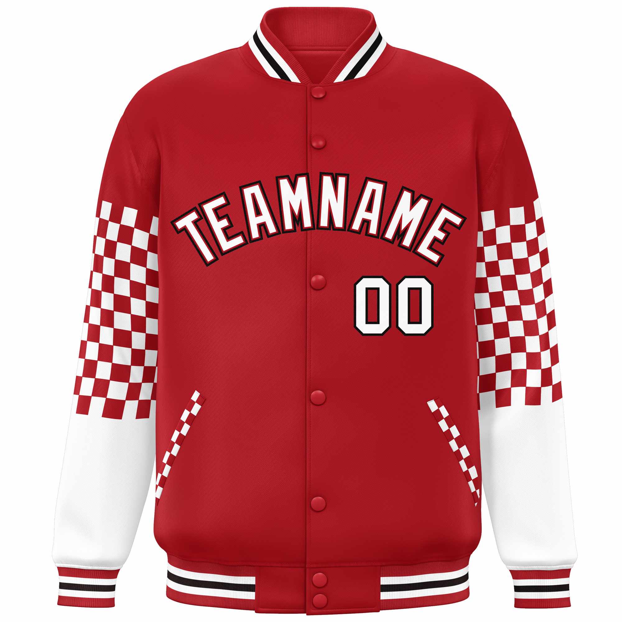 Custom Red White-Black Checkered Pattern Color Block Bomber Varsity Jacket