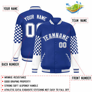 Custom Royal White-Gray Checkered Pattern Color Block Bomber Varsity Jacket