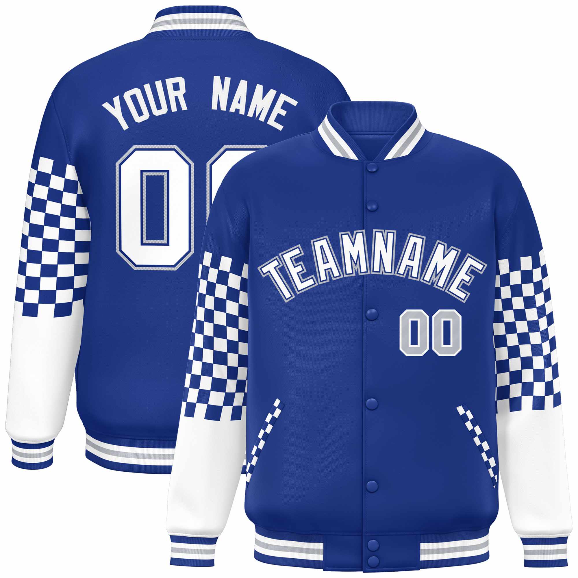 Custom Royal White-Gray Checkered Pattern Color Block Bomber Varsity Jacket