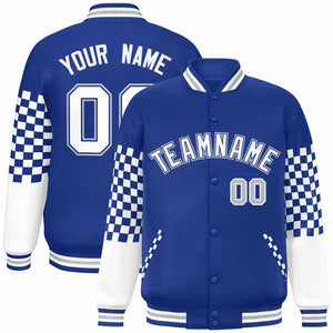 Custom Royal White-Gray Checkered Pattern Color Block Bomber Varsity Jacket