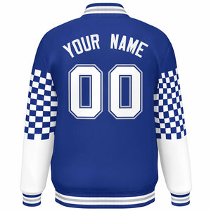 Custom Royal White-Gray Checkered Pattern Color Block Bomber Varsity Jacket