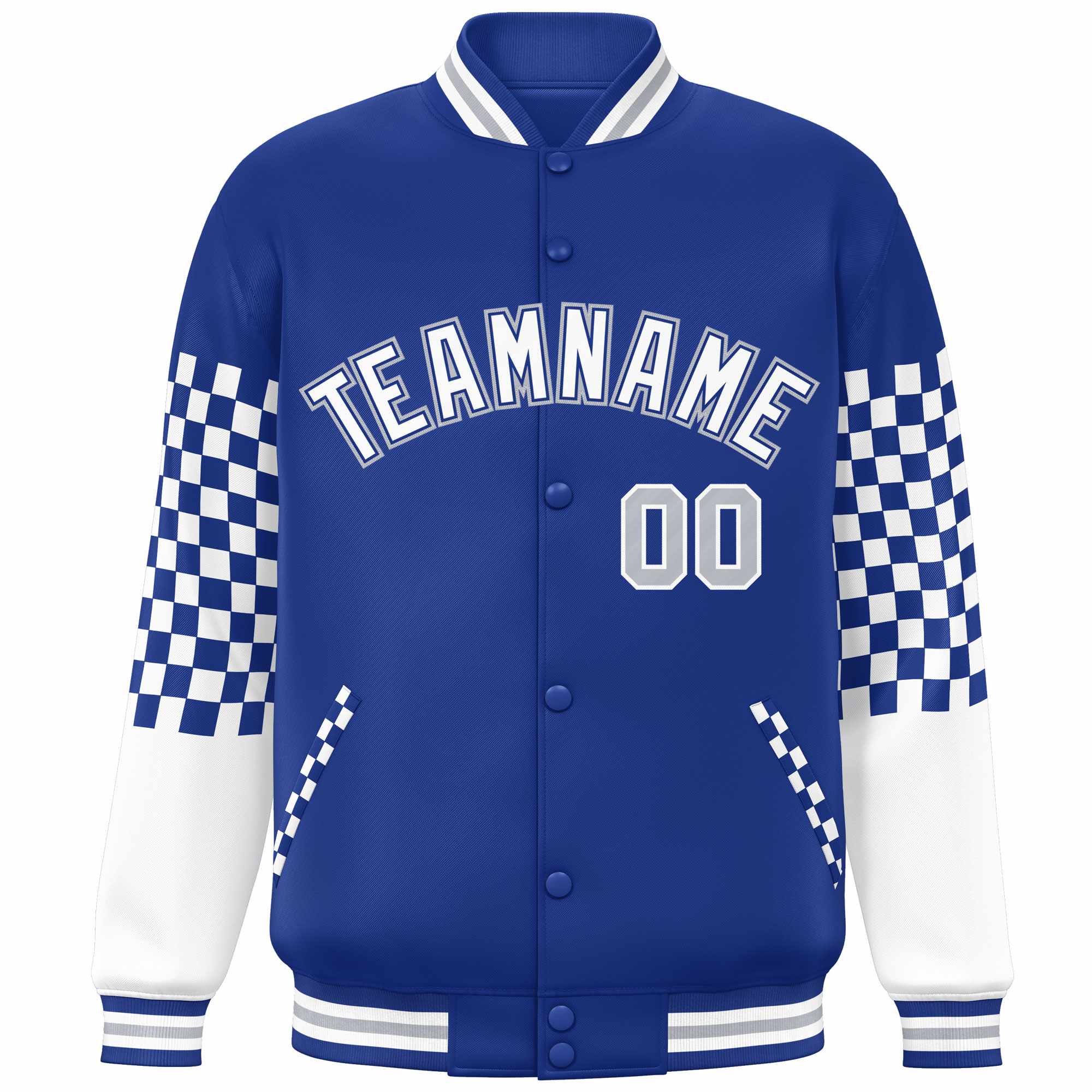 Custom Royal White-Gray Checkered Pattern Color Block Bomber Varsity Jacket