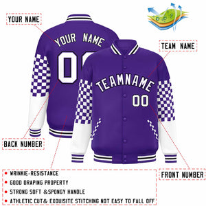 Custom Purple White-Black Checkered Pattern Color Block Bomber Varsity Jacket