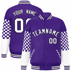 Custom Purple White-Black Checkered Pattern Color Block Bomber Varsity Jacket