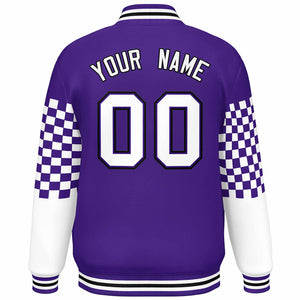 Custom Purple White-Black Checkered Pattern Color Block Bomber Varsity Jacket