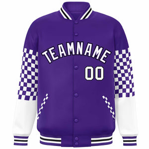 Custom Purple White-Black Checkered Pattern Color Block Bomber Varsity Jacket