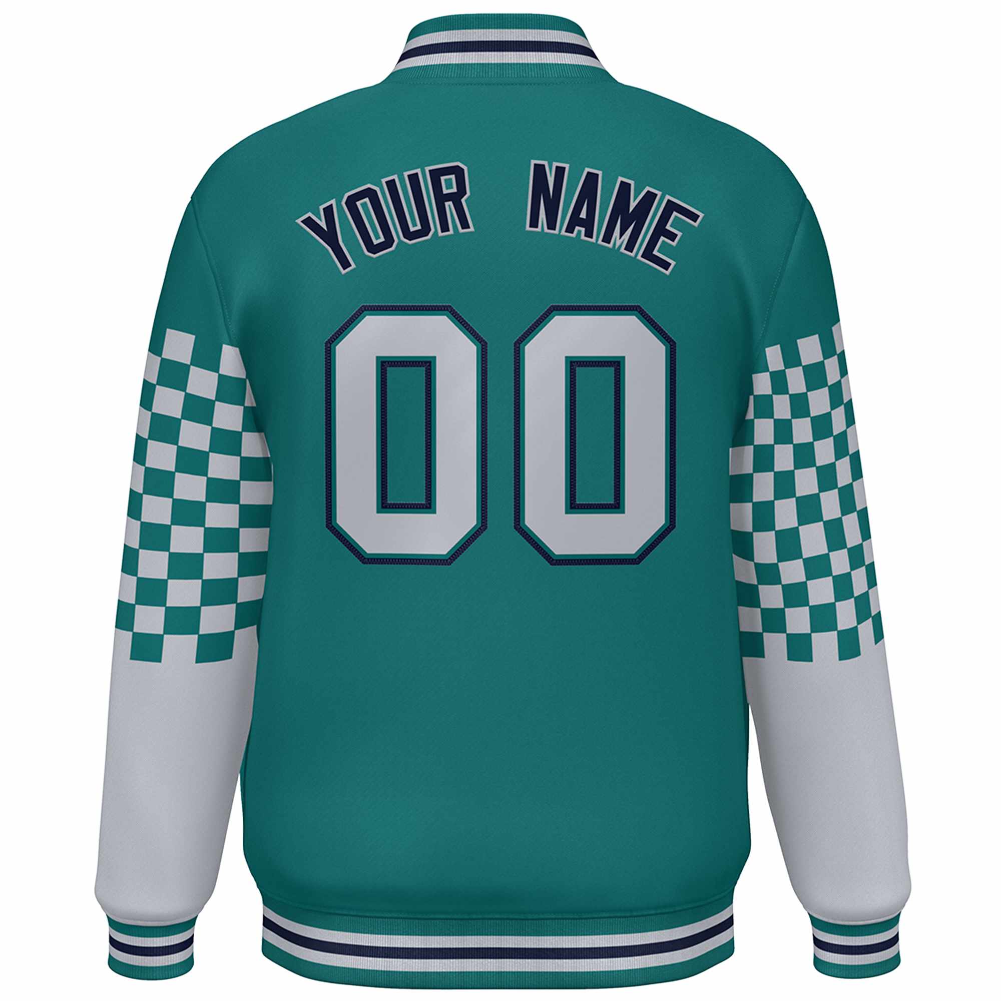 Custom Aqua Gray-Navy Checkered Pattern Color Block Bomber Varsity Jacket