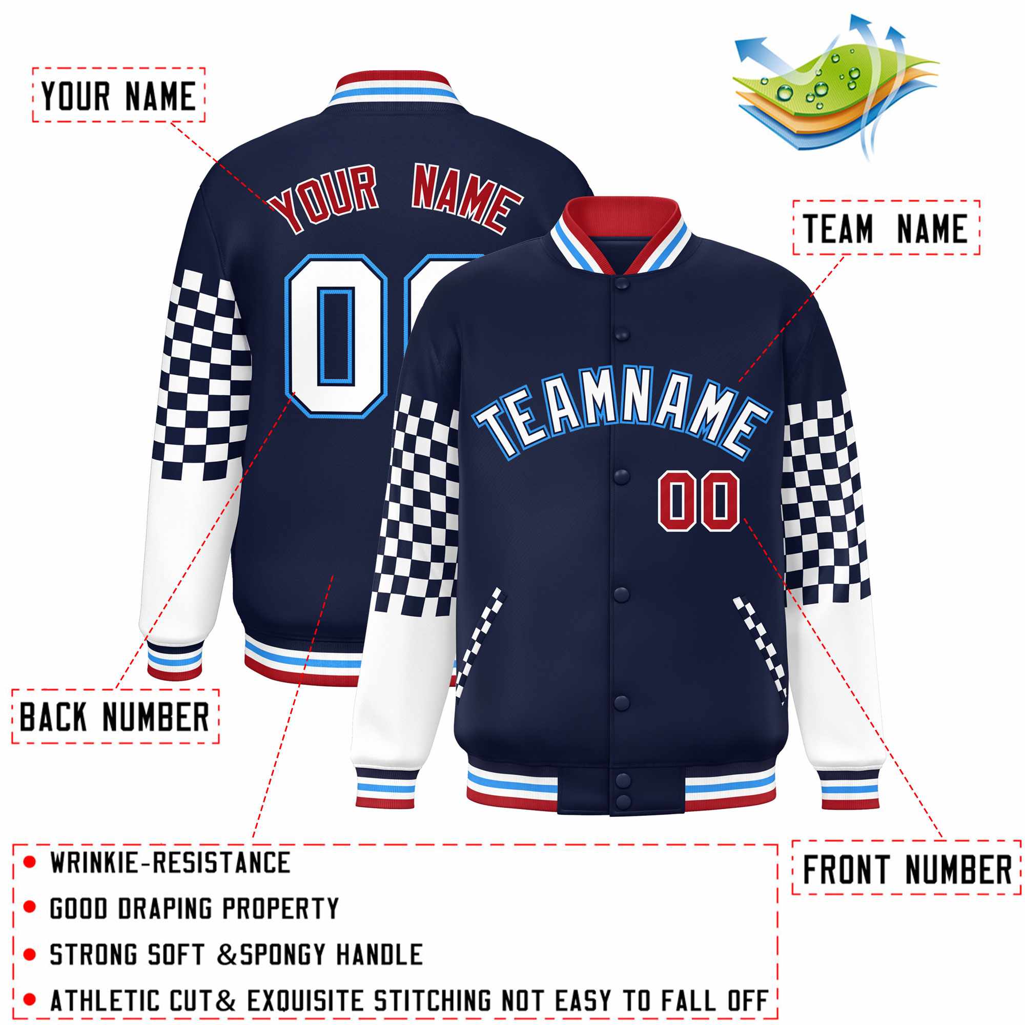 Custom Navy White-Powder Blue Checkered Pattern Color Block Bomber Varsity Jacket