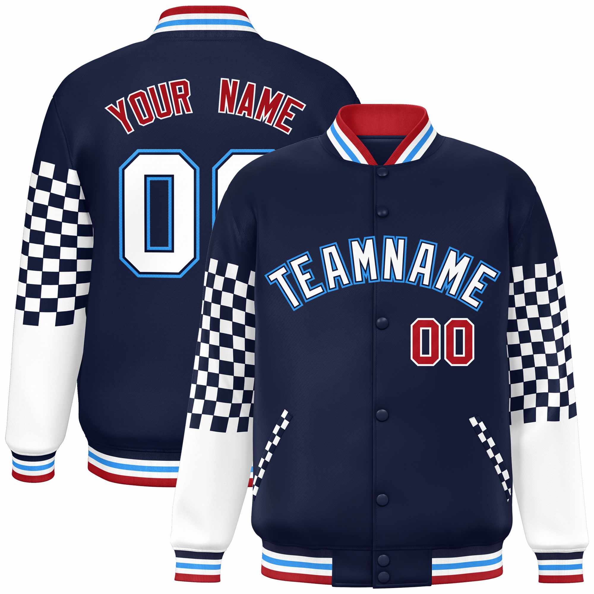 Custom Navy White-Powder Blue Checkered Pattern Color Block Bomber Varsity Jacket