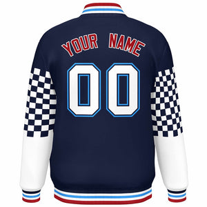 Custom Navy White-Powder Blue Checkered Pattern Color Block Bomber Varsity Jacket