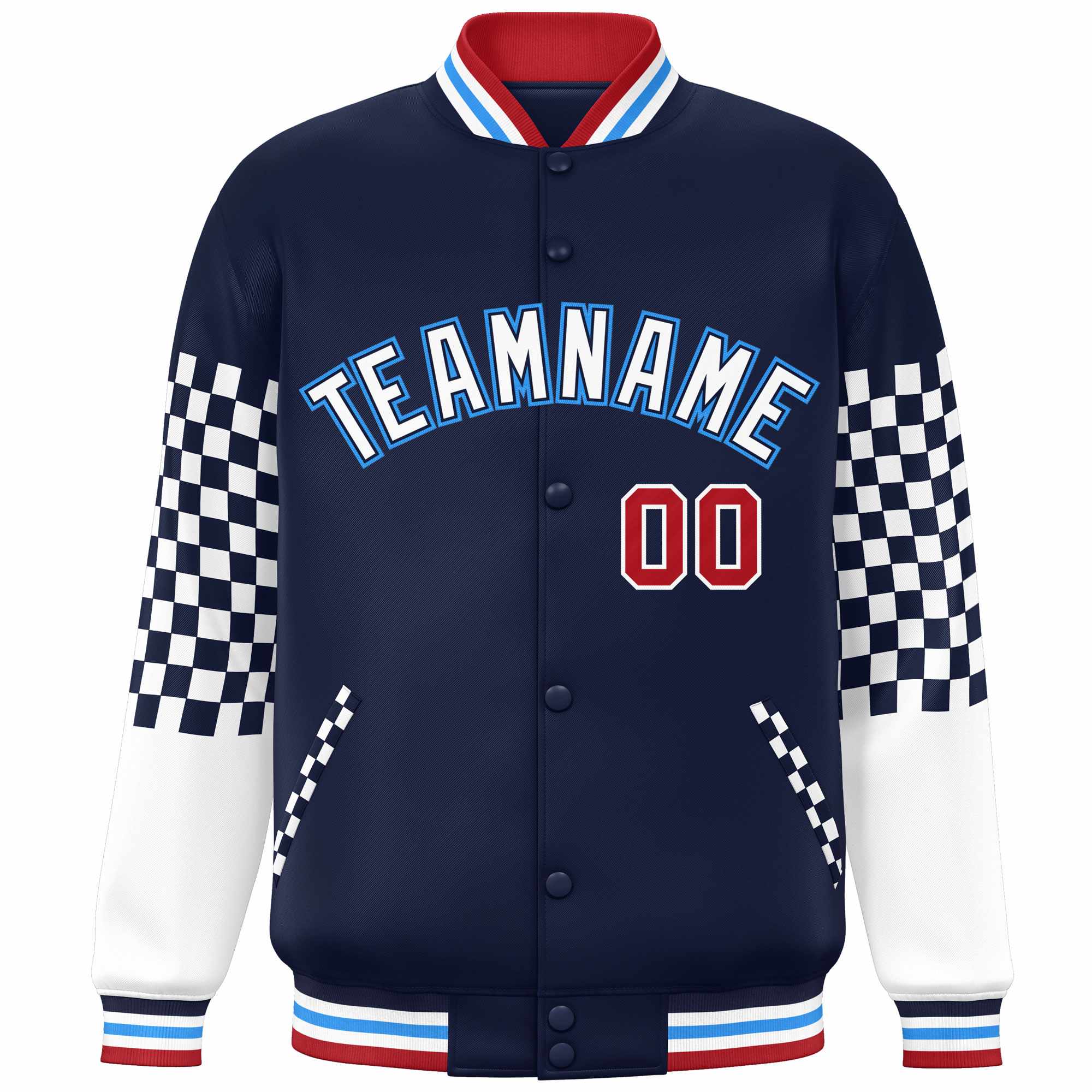 Custom Navy White-Powder Blue Checkered Pattern Color Block Bomber Varsity Jacket