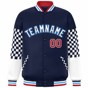 Custom Navy White-Powder Blue Checkered Pattern Color Block Bomber Varsity Jacket