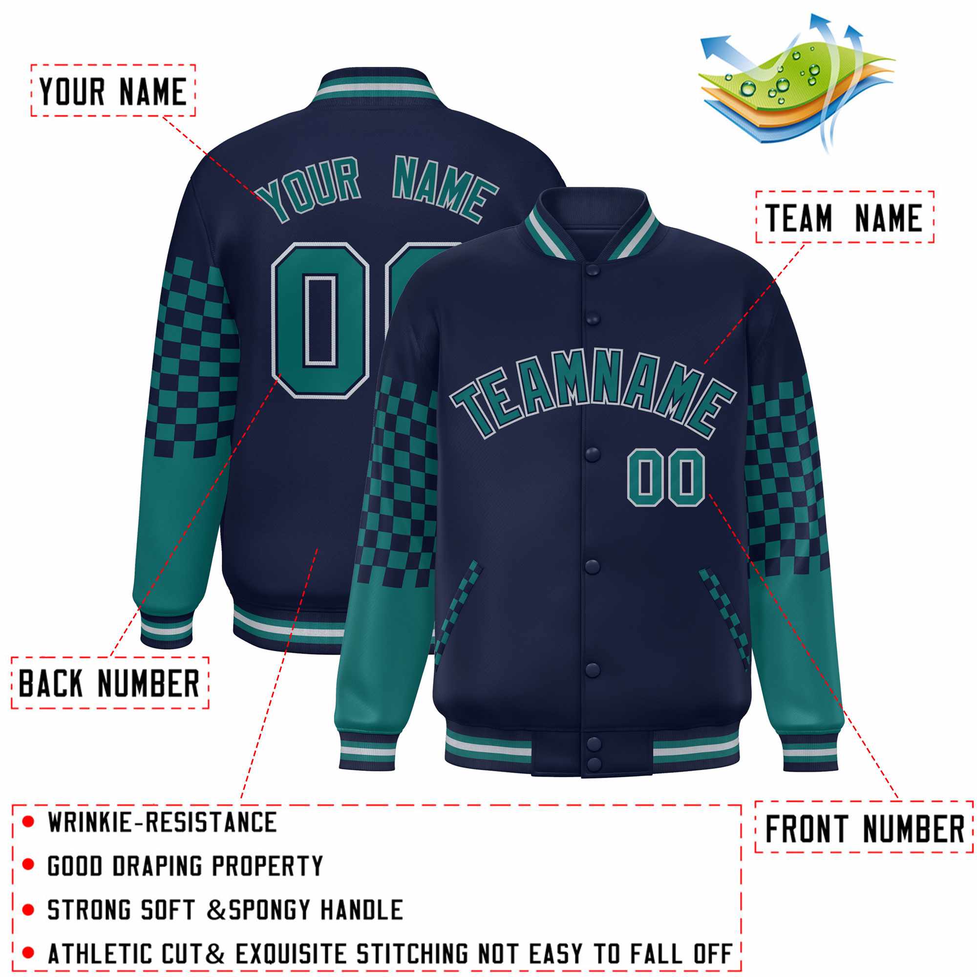 Custom Navy Aqua-Gray Checkered Pattern Color Block Bomber Varsity Jacket