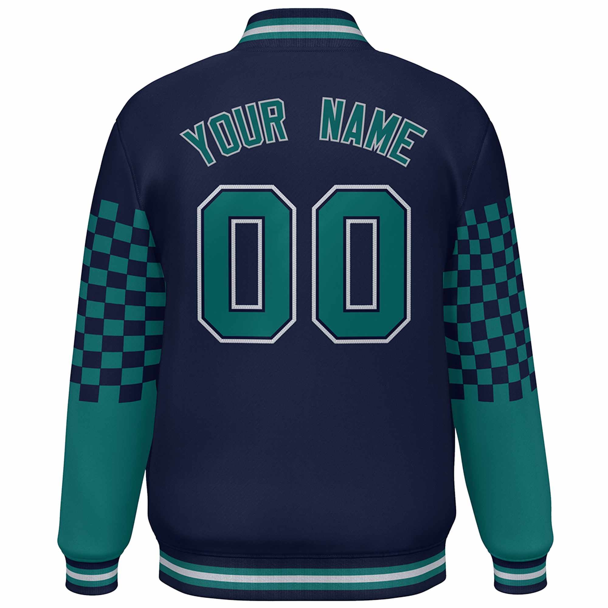 Custom Navy Aqua-Gray Checkered Pattern Color Block Bomber Varsity Jacket