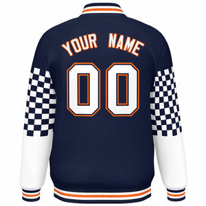 Custom Navy White-Orange Checkered Pattern Color Block Bomber Varsity Jacket