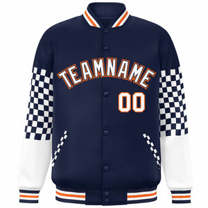 Custom Navy White-Orange Checkered Pattern Color Block Bomber Varsity Jacket