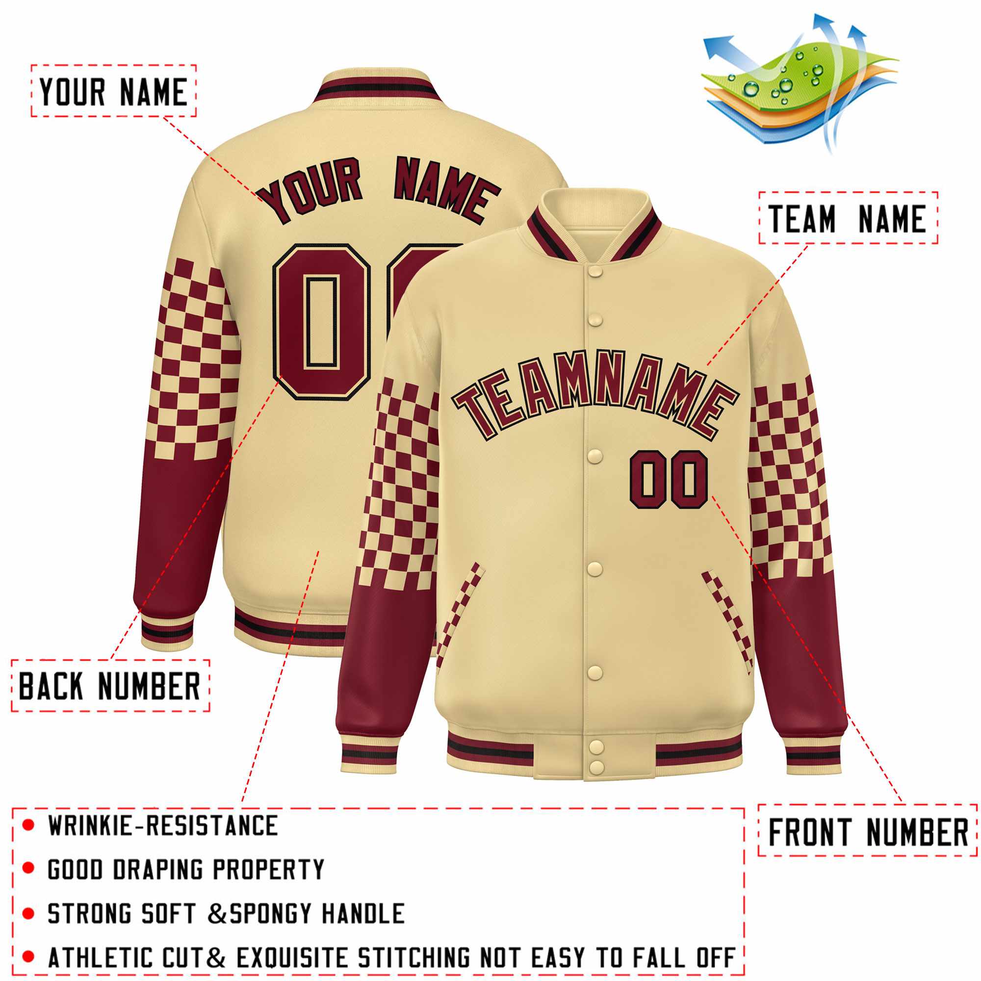 Custom Khaki Crimson-Black Checkered Pattern Color Block Bomber Varsity Jacket