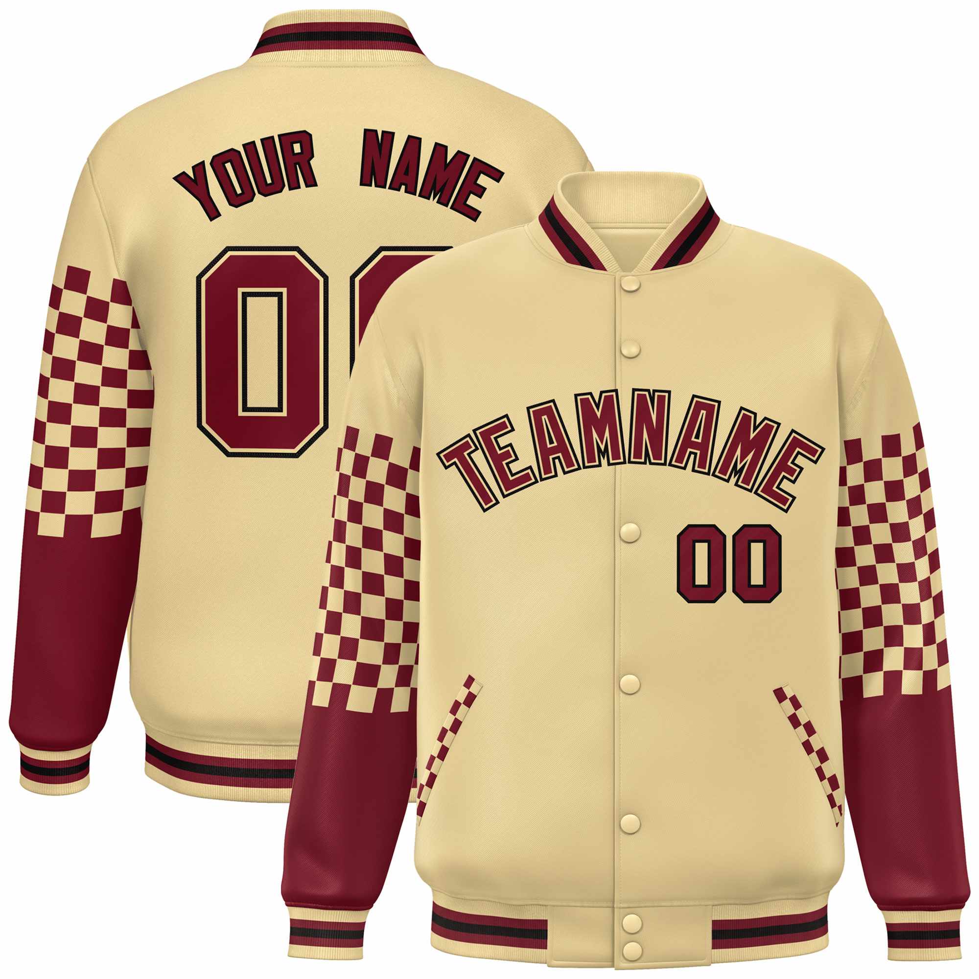 Custom Khaki Crimson-Black Checkered Pattern Color Block Bomber Varsity Jacket