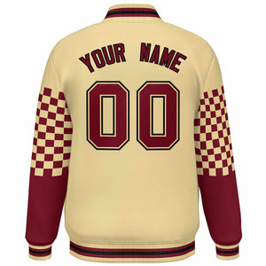 Custom Khaki Crimson-Black Checkered Pattern Color Block Bomber Varsity Jacket