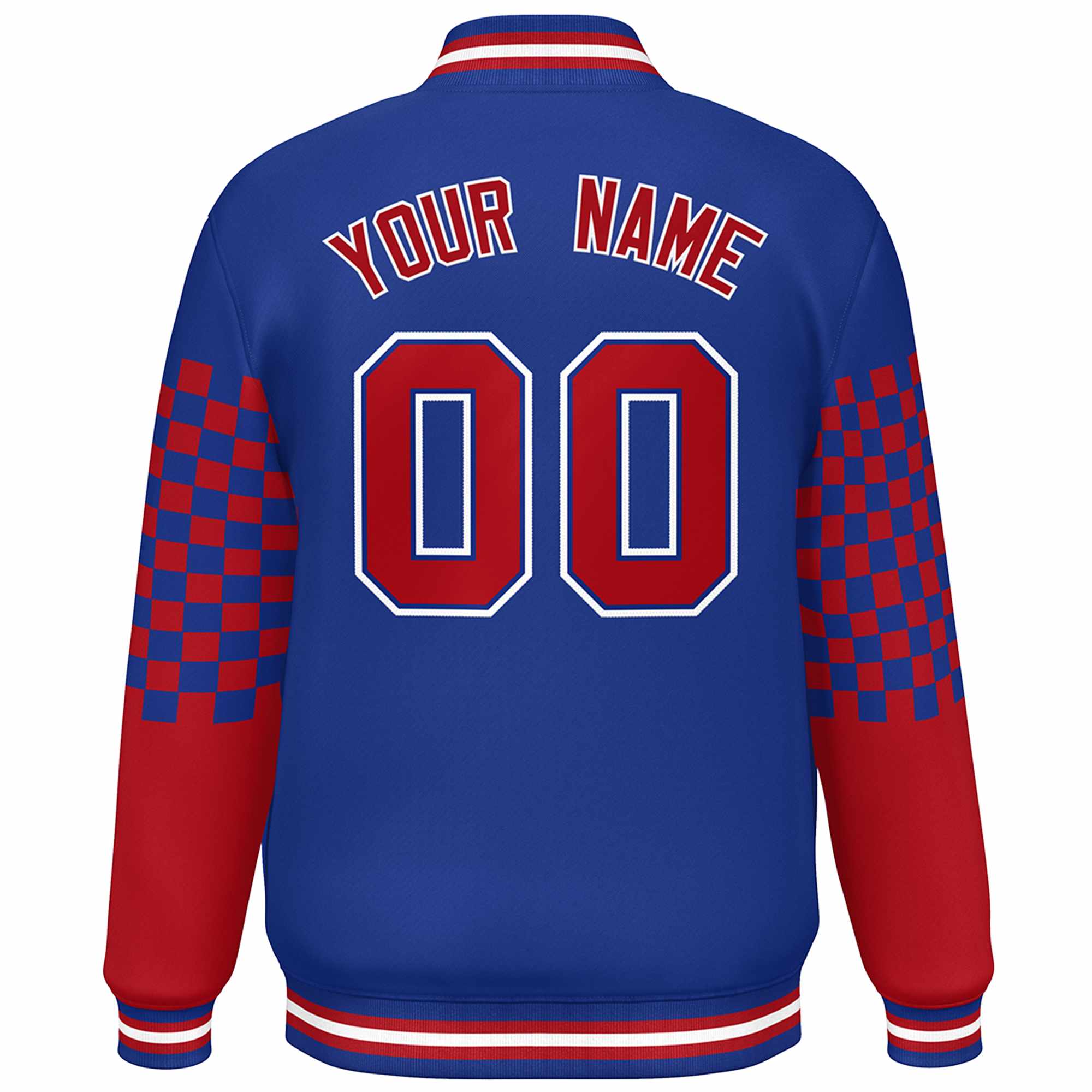 Custom Royal Red-White Checkered Pattern Color Block Bomber Varsity Jacket