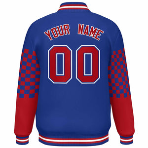 Custom Royal Red-White Checkered Pattern Color Block Bomber Varsity Jacket