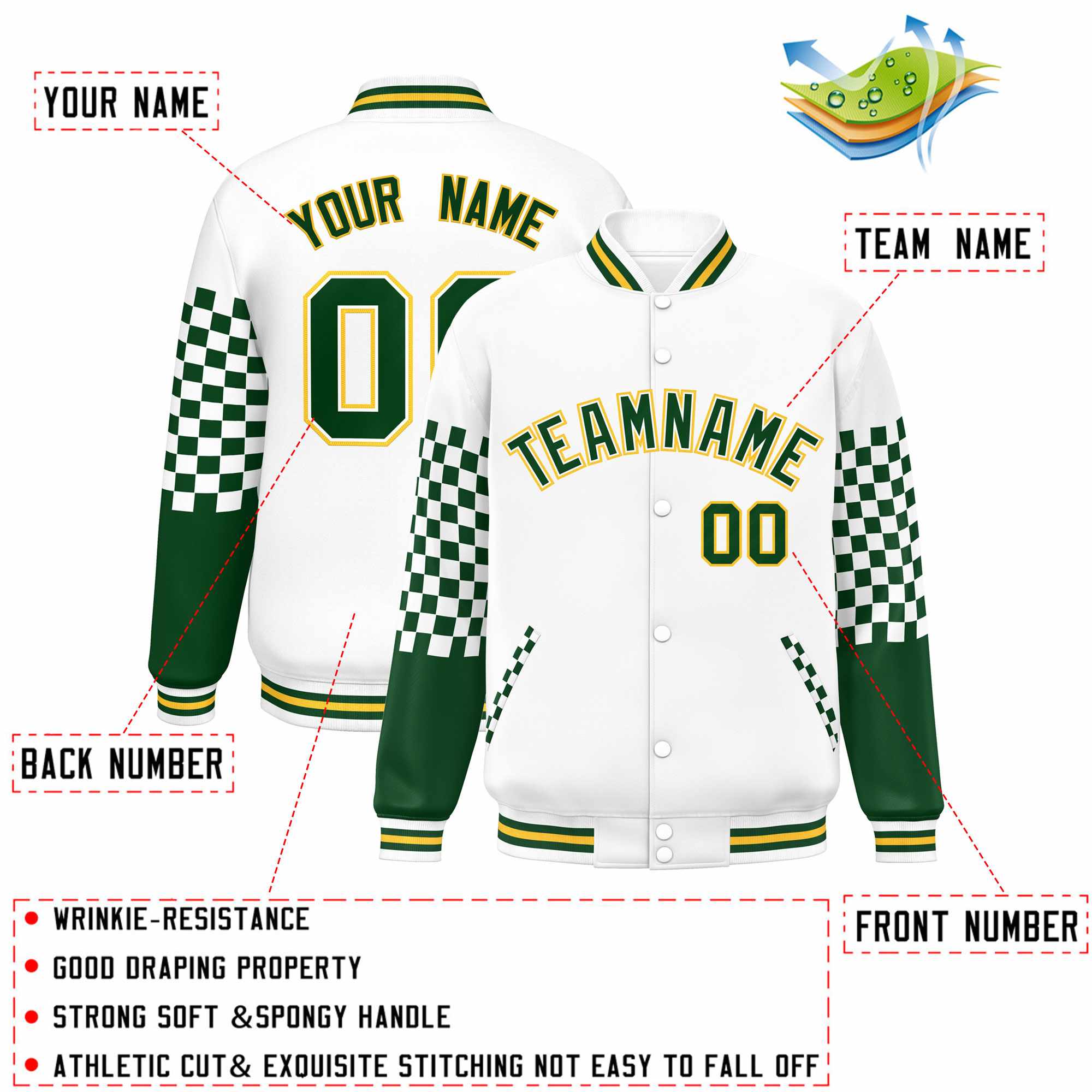 Custom White Green-Gold Checkered Pattern Color Block Bomber Varsity Jacket