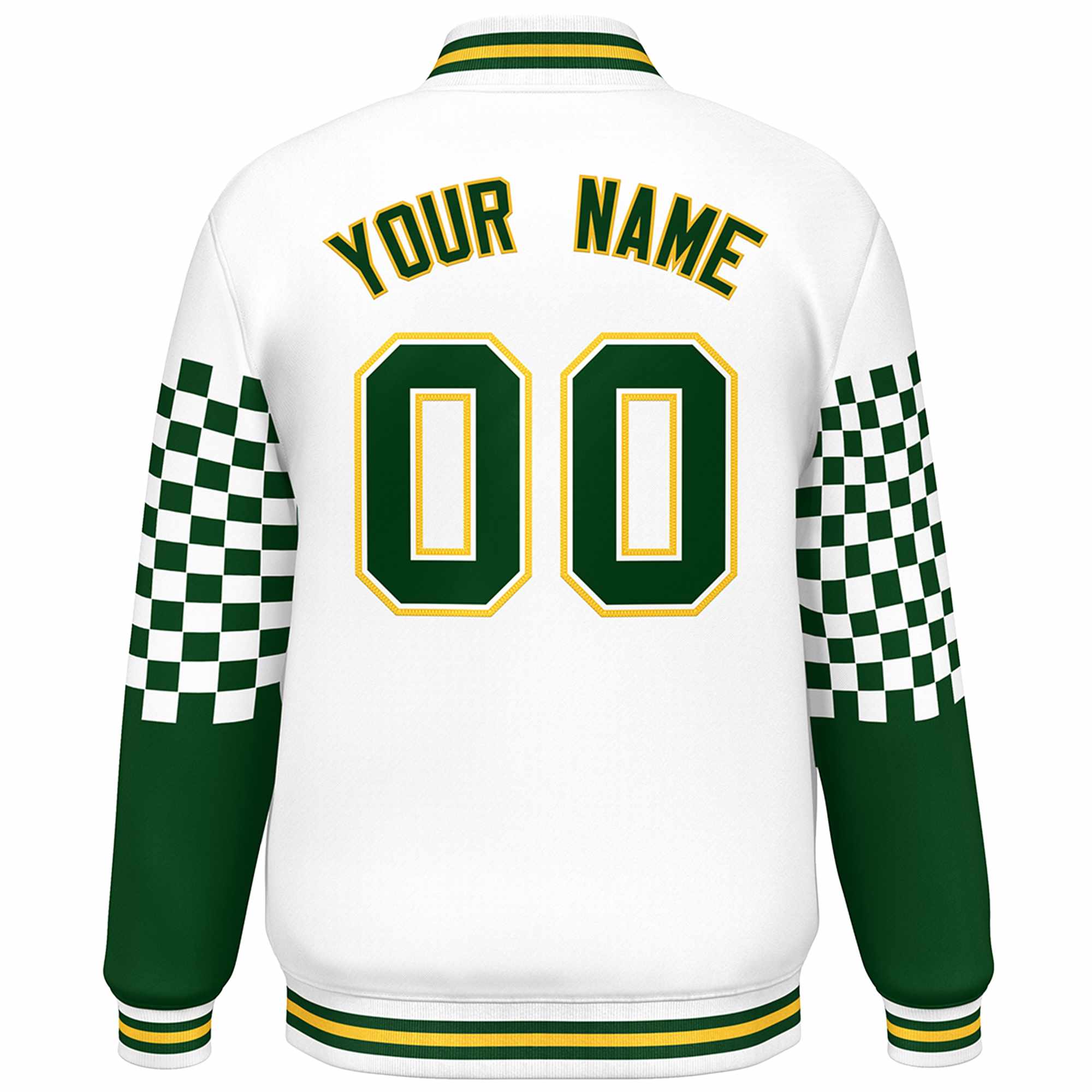 Custom White Green-Gold Checkered Pattern Color Block Bomber Varsity Jacket