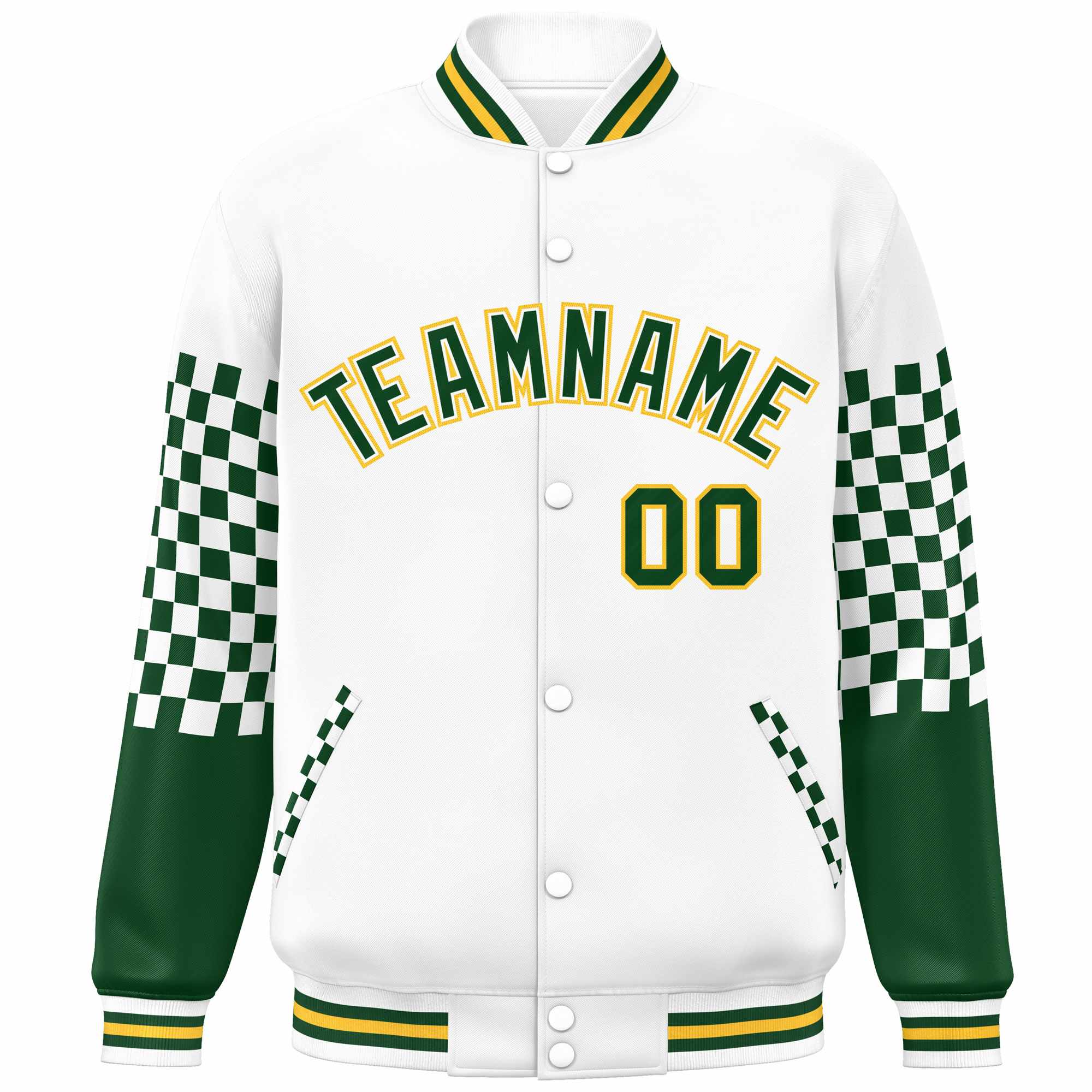 Custom White Green-Gold Checkered Pattern Color Block Bomber Varsity Jacket